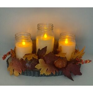 Fall Mason Jar LED Candle Centerpiece Rustic Autumn Leaves Pumpkin Cozy Decor